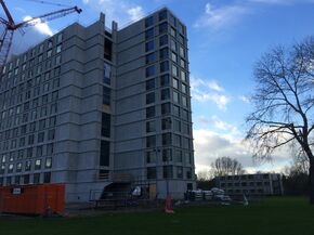The new-build residential tower with the spaceboxes in the back. The new-build residential tower with the spaceboxes in the back.