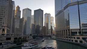 The Chicago Riverwalk. The Trump Tower on the right. The Chicago Riverwalk. The Trump Tower on the right.