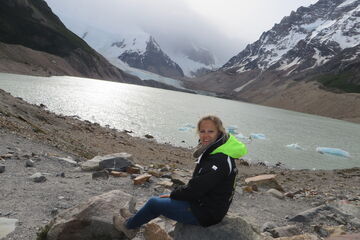 Billie bij de Laguna Torre, El Chalten, Patagonië.