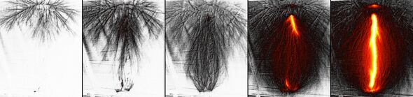 Het ontstaan van ‘bliksem’ in het lab, door Pavlo Kochkin vastgelegd met een hogesnelheidscamera. De belichtingstijd varieert van ca. 150 nanoseconden (foto uiterst links, ontstaan van streamers nabij de negatieve elektrode) tot 1000 nanoseconden (fot Het ontstaan van ‘bliksem’ in het lab, door Pavlo Kochkin vastgelegd met een hogesnelheidscamera. De belichtingstijd varieert van ca. 150 nanoseconden (foto uiterst links, ontstaan van streamers nabij de negatieve elektrode) tot 1000 nanoseconden (foto uiterst rechts, waarin de ontlading zichtbaar is). Afstand tussen de elektrodes is 1 meter.