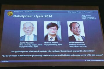 De winnaars van de Nobelprijs voor de natuurkunde 2014.