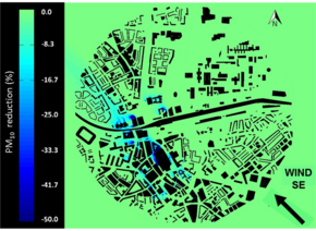 Vermindering van fijnstofconcentraties over de hele binnenstad met 594 luchtzuiveringsinstallaties. Vermindering van fijnstofconcentraties over de hele binnenstad met 594 luchtzuiveringsinstallaties.