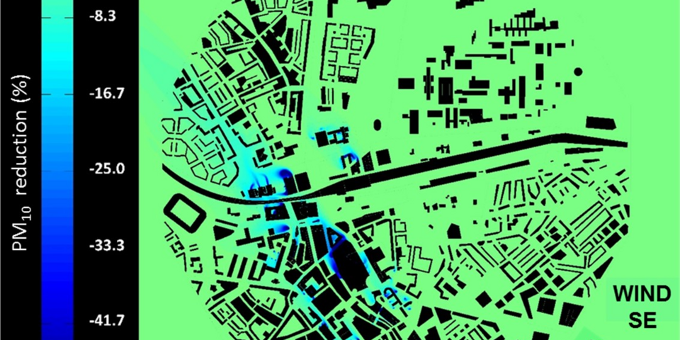 Vermindering van fijnstofconcentraties over de hele binnenstad met 594 luchtzuiveringsinstallaties.