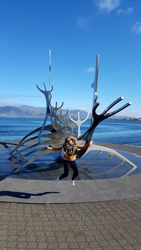Solfarid-Sun Voyager in Reykjavik met Mount Esja op de achtergrond.