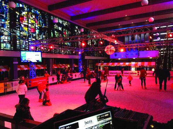 A modern church in Weert recently transformed into a skating rink. A modern church in Weert recently transformed into a skating rink.